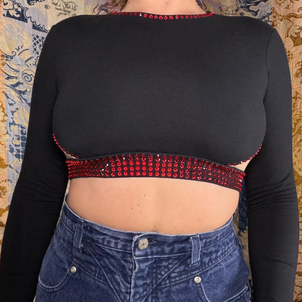 Black Long Sleeve Red Jeweled Mesh Back Dance Crop Top Size M Festival Rave